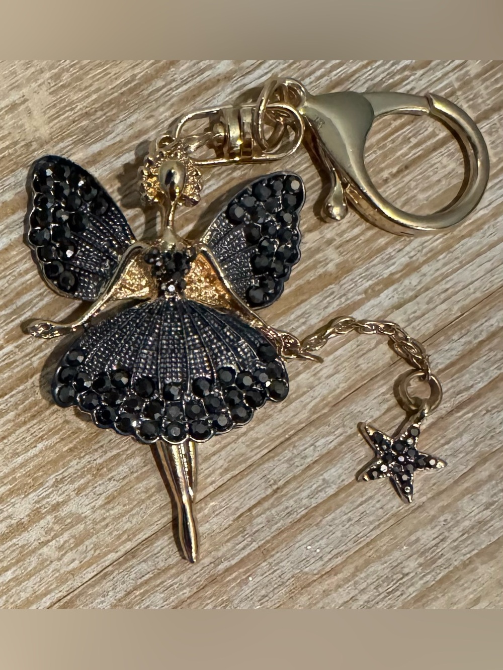 Ballerina Keychain Charm with Black Crystal Accents